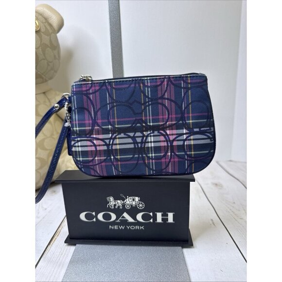 Coach Handbags - Coach Tartan Plaid Canvas Leather Strap Navy Pink Wristlet 6”x5” NWOT